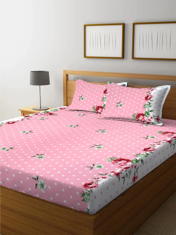 elastic-fitted-double-bedsheet-with-2-pillow-cover-1-unique-pink-original-imahc7qasuten6xa All corner fully elastic fitted double bedsheet